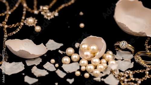 Pearls spilling from broken eggshells with gold jewelry scattered around on a black background, creating a lavish display