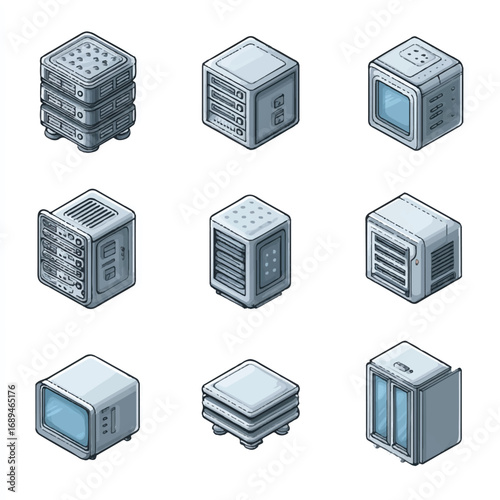 Isometric Server and Storage Rack Illustration for Data Centers and Network Infrastructure Solutions