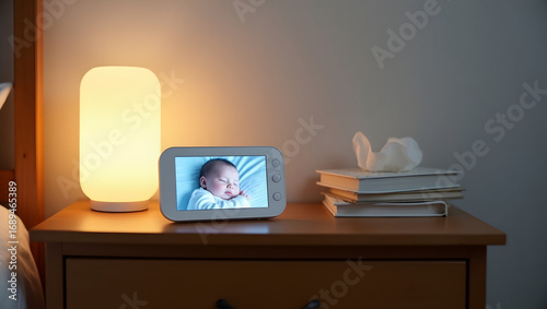 Baby monitor displaying sleeping infant on bedside table with lamp and books in cozy nursery
