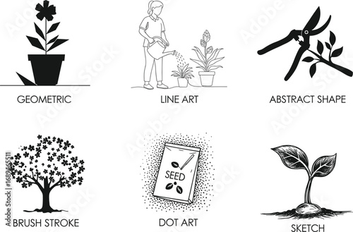 Gardening and Plant Illustration Styles Including Geometric, Line Art, Abstract, Brush Stroke, Dot Art, and Hand-Drawn Sketch Vector Set