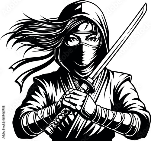 Mysterious female assassin warrior with a hood, holding a katana sword in a dramatic pose. Powerful vector illustration in a monochrome black and white design.