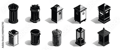 Isometric Trash Can Collection Black and White Illustrations of Recycling Bins and Waste Disposal Containers