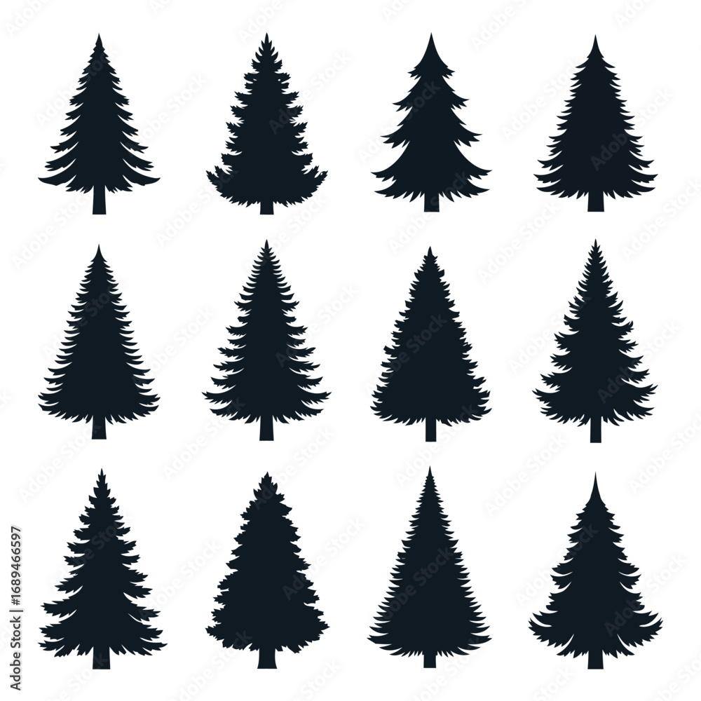 Fototapeta premium Set of 12 black pine tree silhouettes vector