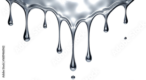 metallic silver liquid dripping isolated on white background, abstract shiny metal fluid effect symbol for futuristic, luxury, and industrial design
