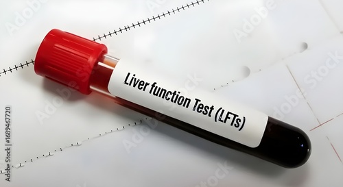 Blood sample for Liver Function Test in laboratory. Medical LFTs analysis and health care