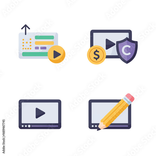Flat Isolated Monetization & Content Management Vector Icon Set: Upload Bar, Dollar Play, Copyright Shield, Edit Pencil - 2D Design for Video Platforms