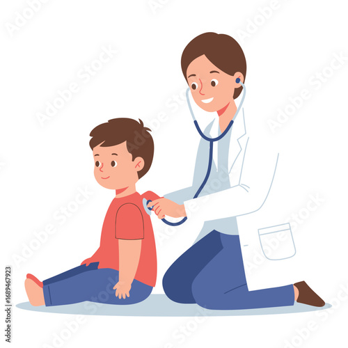 Female pediatrician using stethoscope to examine young boy’s back, symbolizing pediatric healthcare, child wellness, preventive care, safe hospital environment, and professional diagnosis.