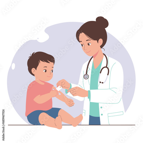 Female pediatrician applying bandage to young boy’s arm after medical treatment, representing pediatric healthcare, child checkup, safe hospital environment, injury care, prevention, and child wellnes