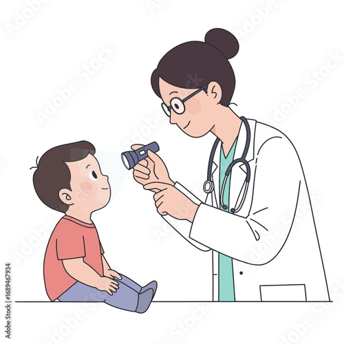 female pediatric doctor examining little boy’s eyes using flashlight during health checkup. Symbolizing pediatric care, children’s health, and doctor–patient trust. 