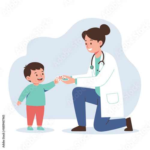 Friendly female doctor giving medical care to a young boy during pediatric health checkup. Illustration symbolizes healthcare, medical consultation, and child well-being. 