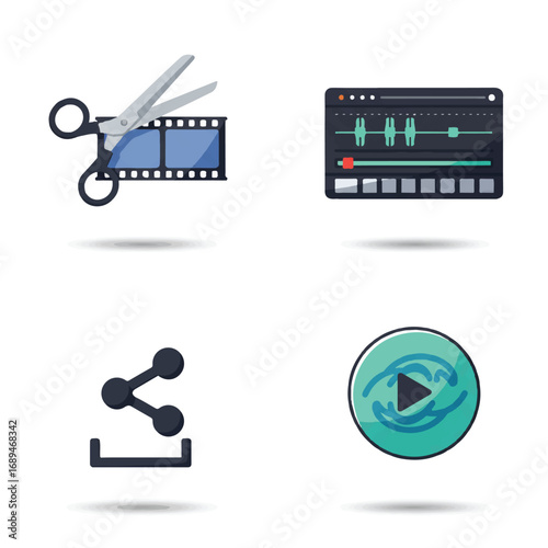Flat Video Editing Tools Vector Icon Set: Cut Scissors, Timeline Bar, Export Arrow, Watermark Logo - Minimalist Design for Post-Production Software UI/UX