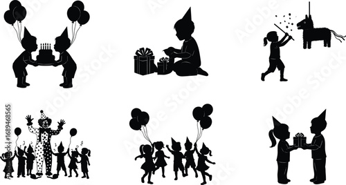 Silhouette of Kids Celebrating Birthday Party with Balloons, Cake, Gifts, Clown, Pinata, and Dancing in Festive Fun Scenes
