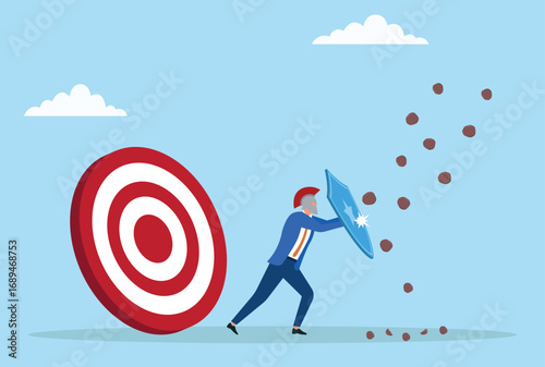 Vector illustration of a businessman protecting a goal sign with a shield from falling rocks, symbolizing resilience, risk management, and safeguarding goals against obstacles and challenges
