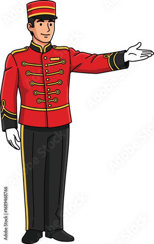 Cartoon hotel bellboy character in red uniform jacket with golden details, smiling concierge standing, hand gesture welcoming service hospitality illustration