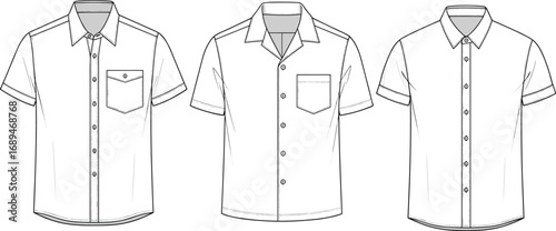 Short sleeve men’s button down shirts, front technical sketch, pocket design, fashion illustration, vector cad drawing flat vector illustration