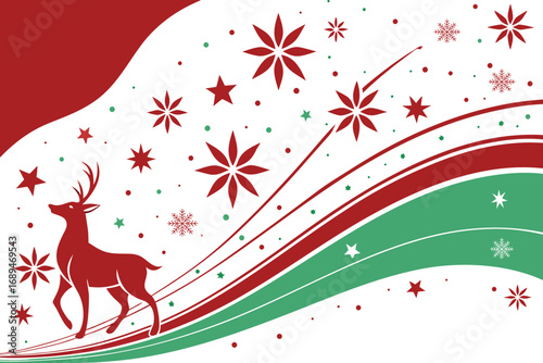 Festive red reindeer with swirling snowflakes and wavy stripes