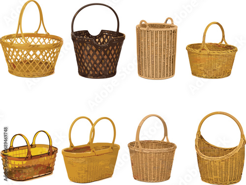 Collection of Wicker Baskets in Various Shapes, Colors, and Weaving Styles for Traditional Craft, Storage, and Decorative Use Vector