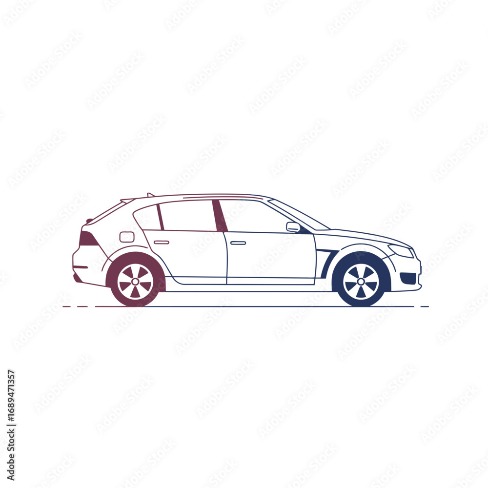 Fototapeta premium Side Profile of a Hatchback Car in Maroon and Blue