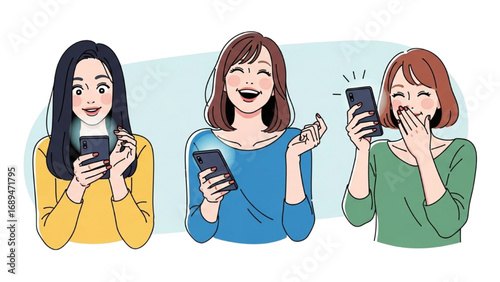 Young Women with Smartphone Vector Set | Three Happy Female Friends Using Mobile Phone Illustration