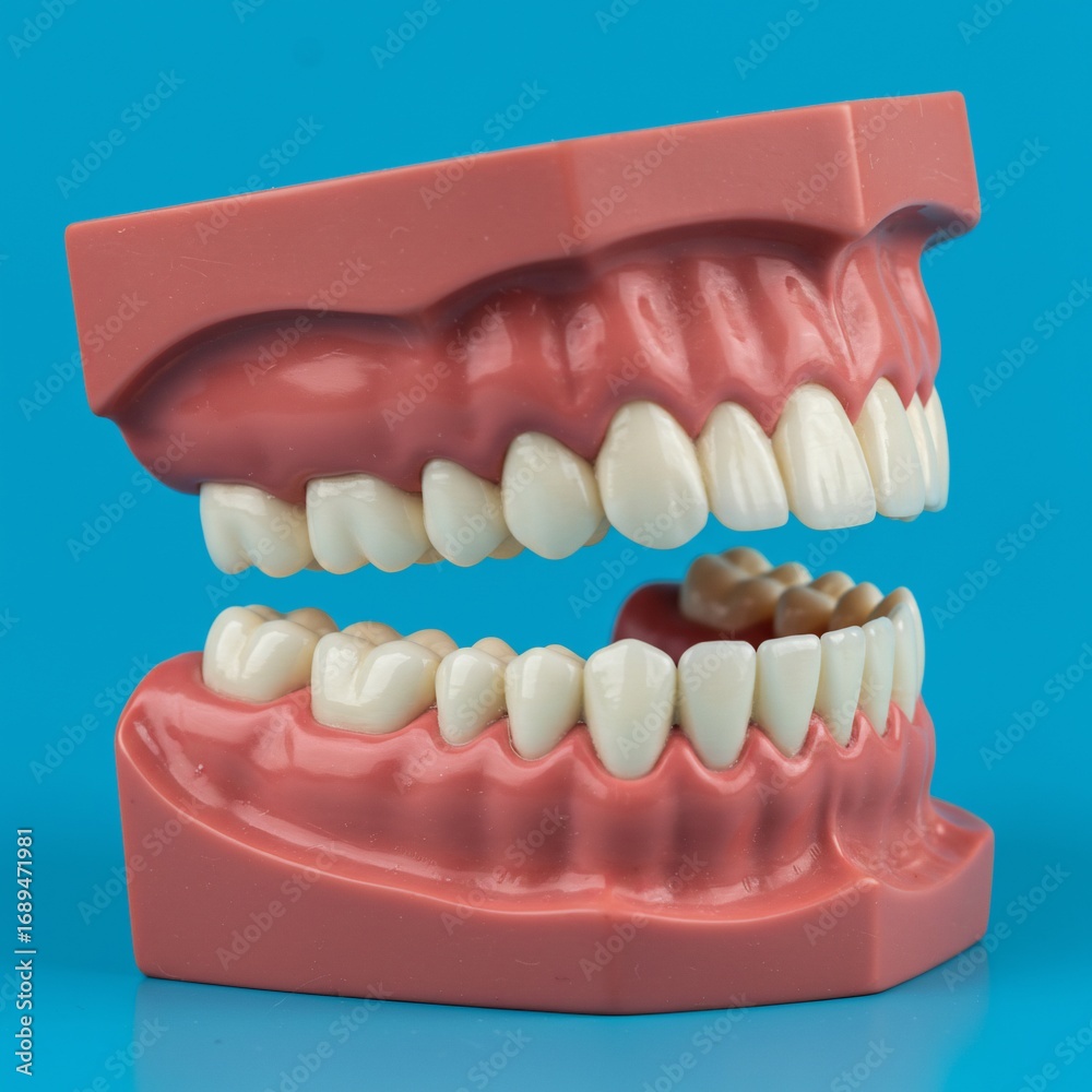 Fototapeta premium Close up of a dental model showing healthy teeth and one decayed tooth against a blue background