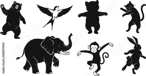 Wall Mural Vector silhouette set of dancing and playful animals including bear, monkey, ele