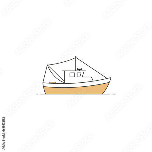 Simple Line Drawing of a Fishing Boat on Calm Water
