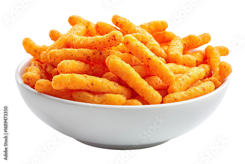 Pile of orange, spicy snacks in a white bowl