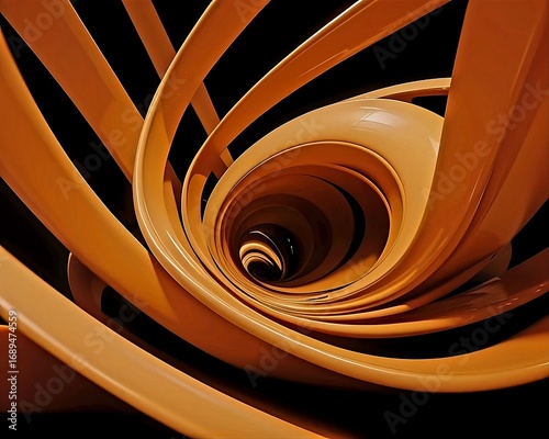 Futuristic abstract 3D illustration featuring dynamic orange spiral curves twisting into a tunnel on a dark background. Modern digital artwork symbolizing motion, energy, design, and technology.