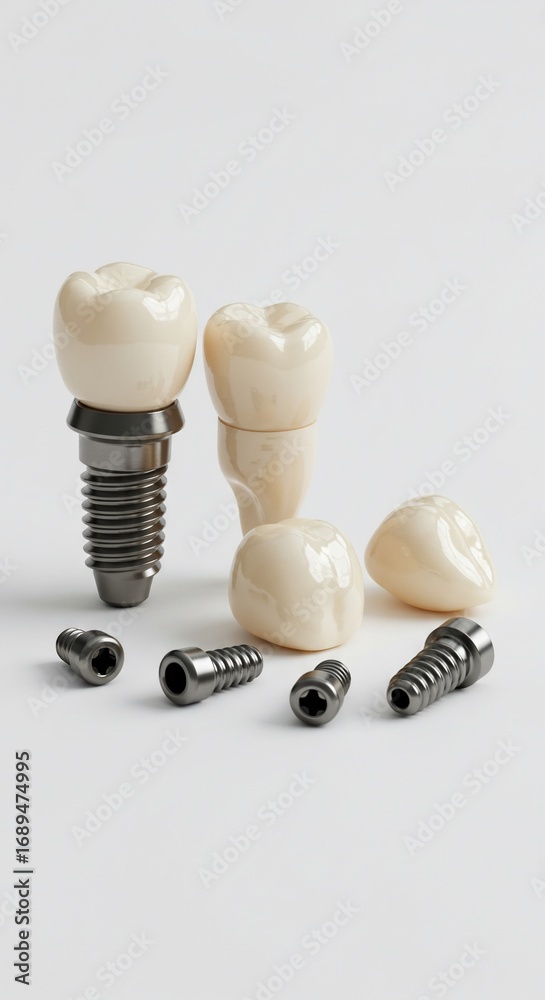 Fototapeta premium Dental implants and crowns showing prosthetic tooth replacement and surgical screw components on a clean background