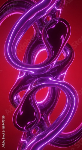Luminous Purple Abstract: Intertwined Metallic Forms on Red Backdrop, Modern Art