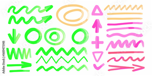 Collection of hand drawn colorful abstract shapes and symbols with brush strokes on white background