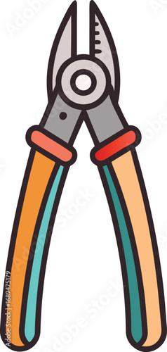Stylized illustration of wire cutters with orange and teal handles