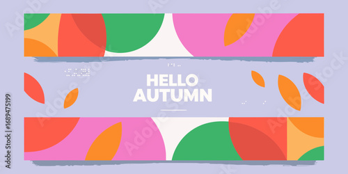 Modern abstract geometric shapes and text hello autumn in warm autumn colors on a light purple background