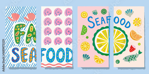 Colorful hand drawn seafood illustrations with citrus fruits and shells
