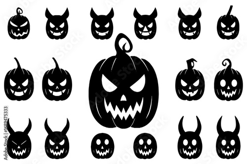 Scary Horned Pumpkins – Creepy Halloween Jack O’ Lantern Faces Vector