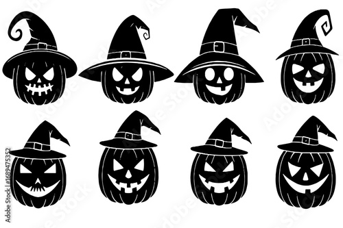 Halloween Pumpkins with Witch Hats – Spooky Jack O’ Lantern Vector Set