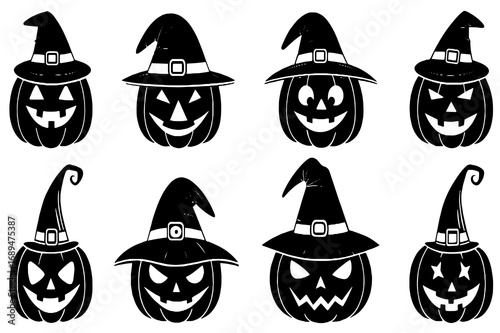 Halloween Pumpkins with Witch Hats – Spooky Jack O’ Lantern Vector Set