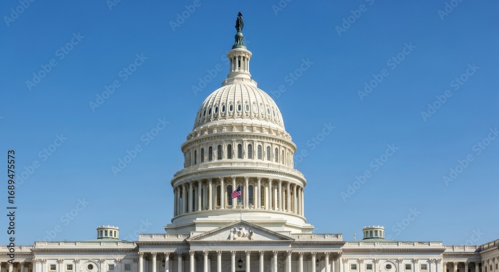 Fototapeta premium Close-up of the United States Capitol Building dome with the Statue of Freedom, against a clear blue sky.
