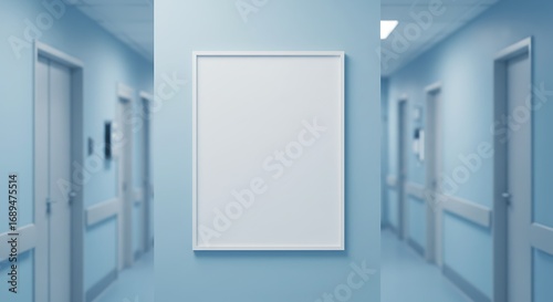 Hospital hallway with a blank white frame on the wall.