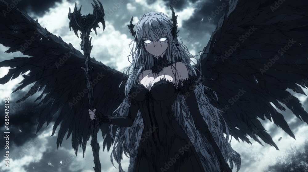 Obraz premium Dark angelic figure with wings and staff