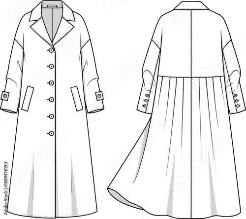 Long trench coat technical flat sketch, button front, back pleats, sleeve cuff, front and back view, fashion vector illustration
