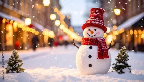 Fototapeta Naklejka Na Ścianę i Meble -  Charming snowman with red hat and scarf stands in a snow-covered street with blurred city lights, creating a festive holiday atmosphere during a gentle snowfall