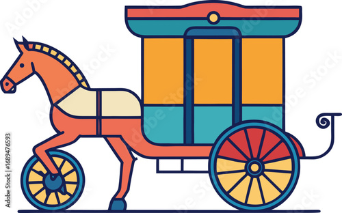 Stylized horse drawn carriage with vibrant colors on transparent background