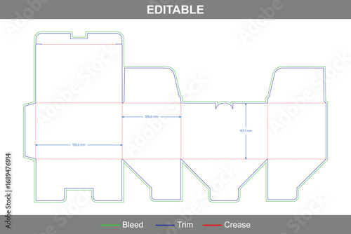 Easy folding tuck end box dieline template with custom dimensions, simple carton packaging design for retail and shipping structures with professional die line