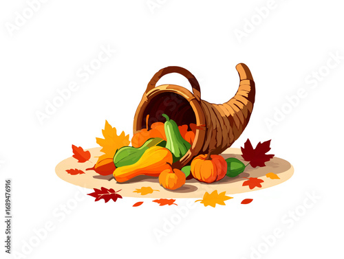 Cornucopia overflowing with autumn harvest on a white background

