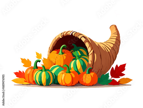 Cornucopia overflowing with autumn harvest on a white background

