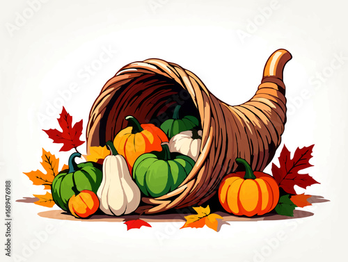 Cornucopia overflowing with autumn harvest on a white background

