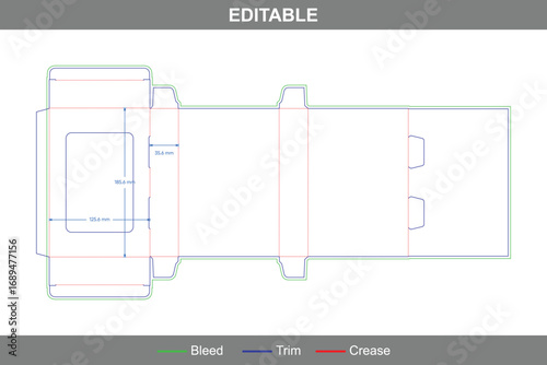 Flip cover tuck end box dieline template, custom dimensions folding carton packaging structure for retail packaging including accurate packaging die line