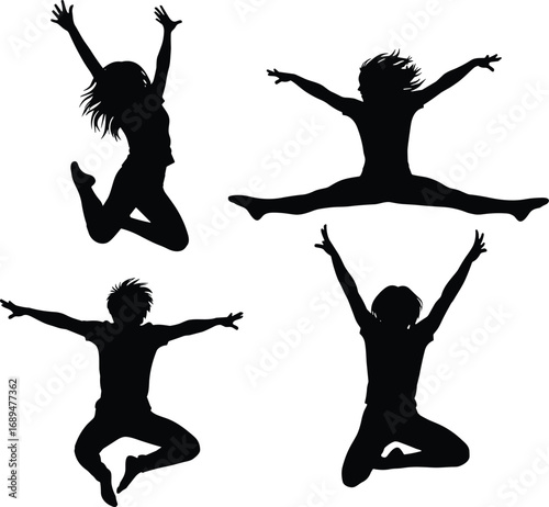Silhouettes of four energetic children jumping, playful kids in motion, joyful youth leaping high, vector illustration on white background, dynamic and fun kids