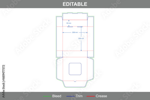 Flip top pizza box dieline template with custom dimensions, functional food packaging structure with accurate folding guidelines and packaging design die line